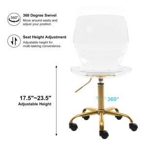 HOMEFUN Clear Chairs Acrylic Desk Chair Rolling Transparen Vanity Chair Armless Swivel Chair Height Adjustable Ghost Chair Molded Plastic Home Office Chair with Wheels, New Clear with Golden Feet