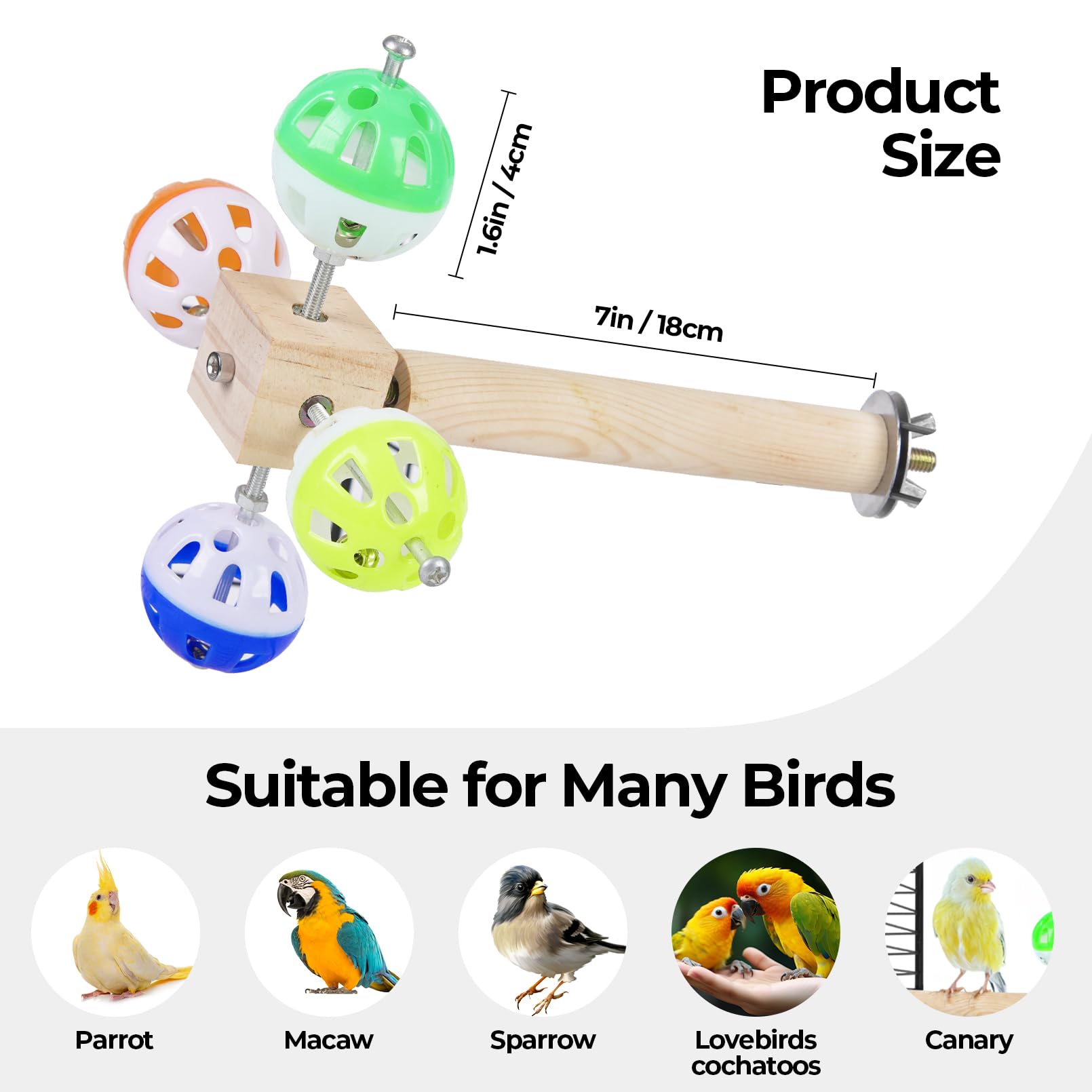 Bird Stand Perch Toy with Rotating Balls, Bird Toys for Parakeets, 7in Natural Pine Parrot Stand, Fun Toy for Birds Parrots Cockatiels Budgies Budgerigars Parrotlets Lovebirds (1 Pcs)