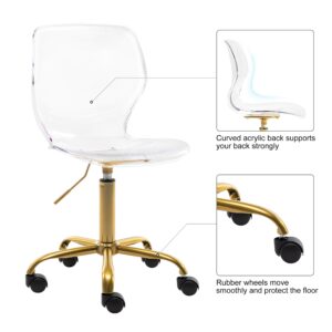 HOMEFUN Clear Chairs Acrylic Desk Chair Rolling Transparen Vanity Chair Armless Swivel Chair Height Adjustable Ghost Chair Molded Plastic Home Office Chair with Wheels, New Clear with Golden Feet