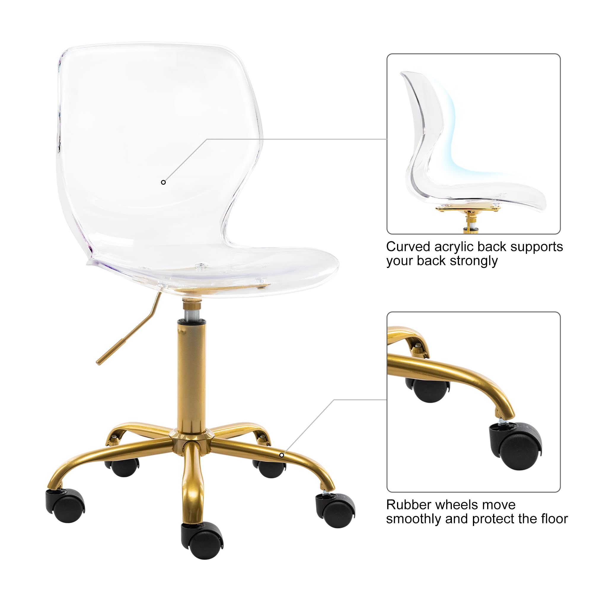 HOMEFUN Clear Chairs Acrylic Desk Chair Rolling Transparen Vanity Chair Armless Swivel Chair Height Adjustable Ghost Chair Molded Plastic Home Office Chair with Wheels, New Clear with Golden Feet