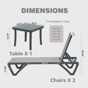 SHPAI Outdoor Chaise Lounge 3 Pieces Aluminum Patio Lounge Chair with 5 Adjustable Position Recliner Chair Outside Tanning Chairs for Patio, Beach, Yard, Pool, Side Table Included (Gray)