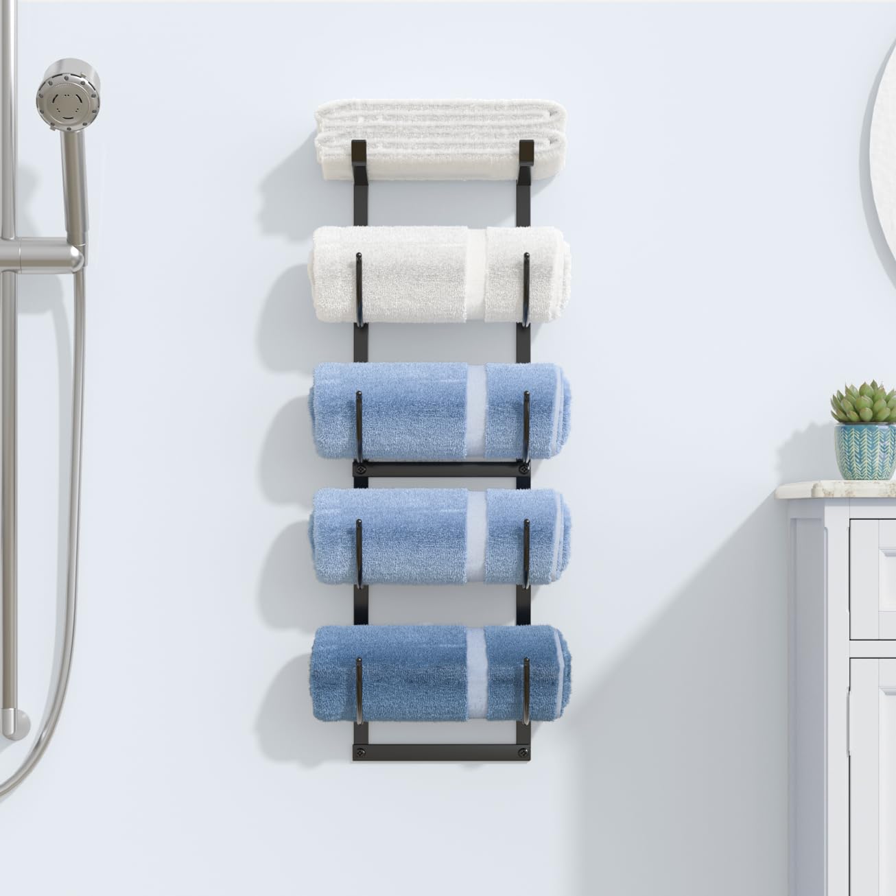 Josmimic Towel Rack for Rolled Towels: 5 Tier Towel Holder Wall Mounted in Bathroom - Matted Black 25.6 Inch