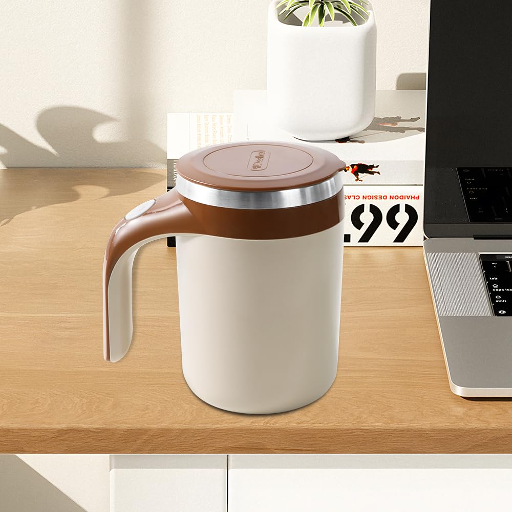 NEUEFAMI Automatic Mixing Coffee Mug Rotating Cute Mixing Cup for Office/Kitchen/Travel/Tea/Hot Chocolate/Milk 13 oz/380 ml, Brown