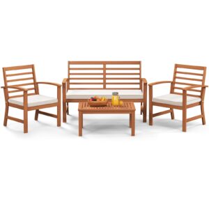 tangkula 4 pieces outdoor furniture set, acacia wood conversation set w/soft seat cushions, stable acacia wood frame, patio sofa & coffee table set for backyard, porch, poolside (white)