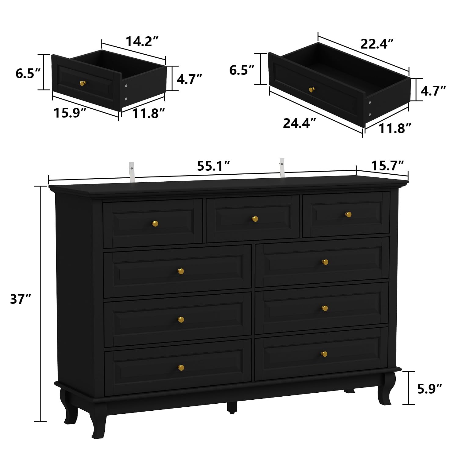 ECACAD Tall 9 Drawer Double Dresser with Carved Drawer Fronts & Solid Legs, 55.1" L Black Modern Wood Storage Chest of Drawers for Bedroom, Living Room & Fitting Room