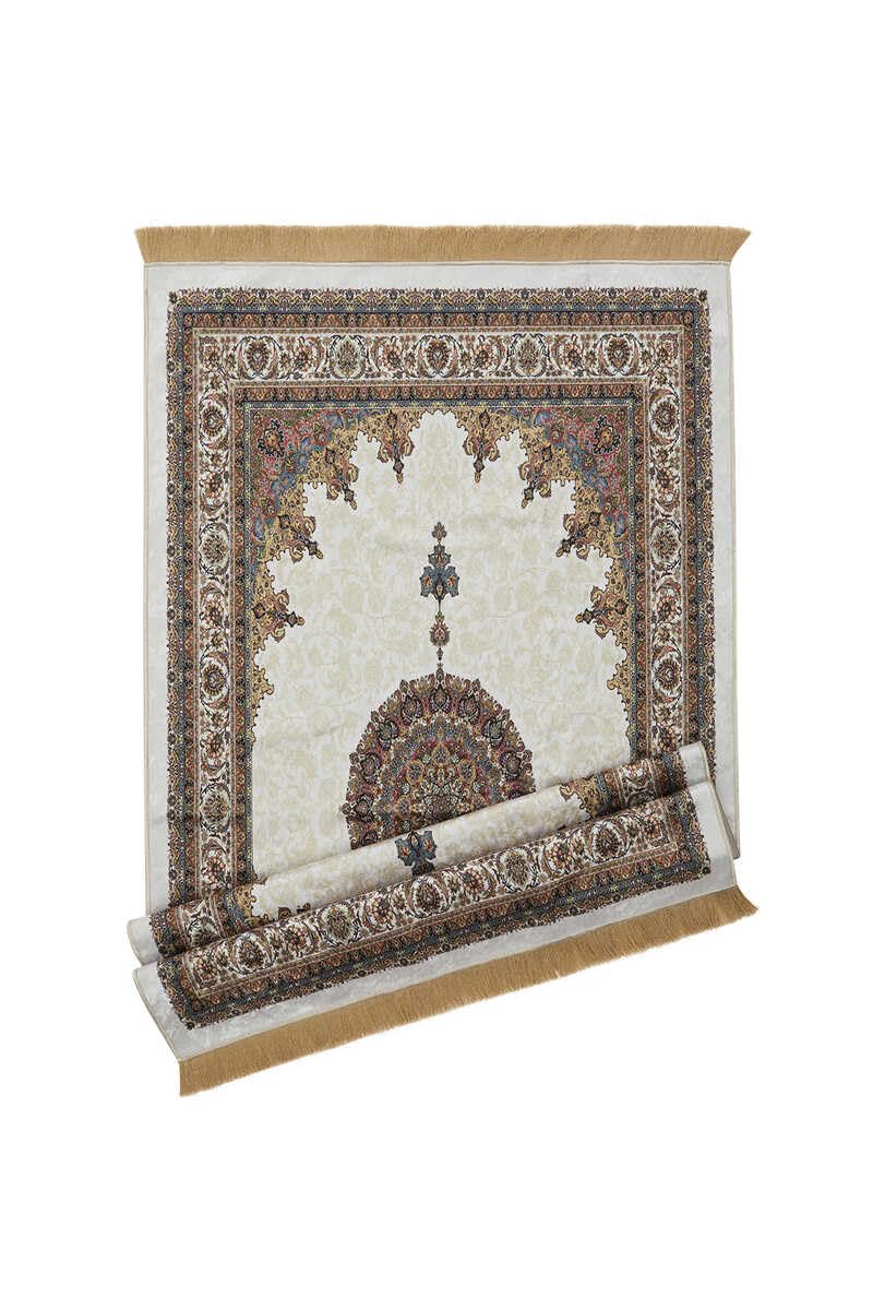 Muslim Prayer Rug | 25'' x 45'' Turkish Velvet Islamic Praying Mat for Men, Women, Kids | Patterned Janamaz Carpet Ramadan Sajadah Islam Namaz Rugs (Ecru III)