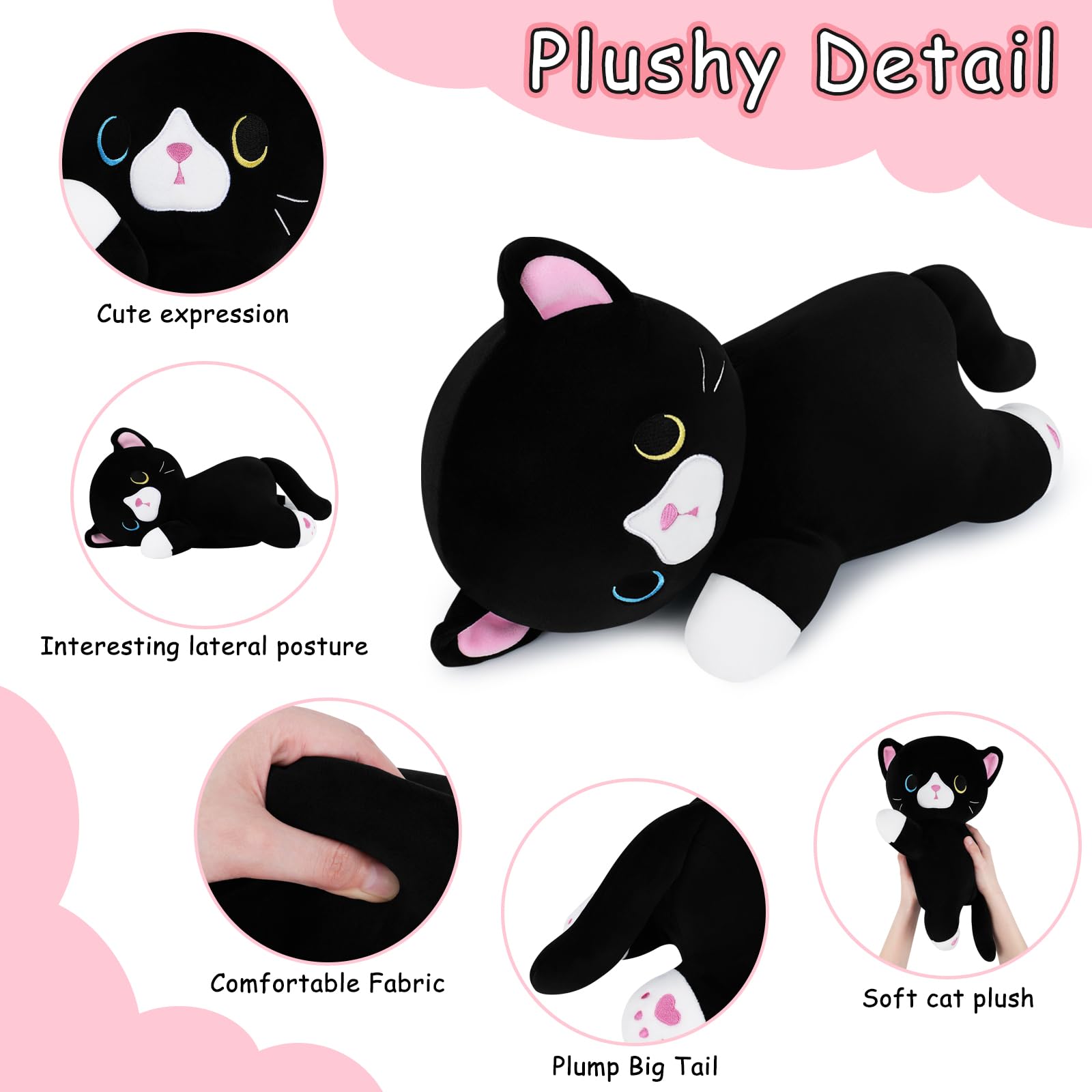 Achwishap Cat Plush,Soft Cat Stuffed Animals Plush Toys,Kawaii Plush Cat Pillow,Black Cat Body Pillow Kitten Stuffed Animal,Cute Plushies Gifts for Kids Adults Birthday(Black Cat,14”)