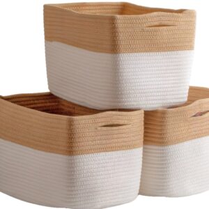 PJGOODS- 3-Pack Cotton Woven Storage Basket with Handles, Great for Organizing Laundry, Blankets, Dog Toys, Baby Toys, Perfect for the Kitchen, Bathroom, Bedroom, Living Room,15x10x9, Beige/White