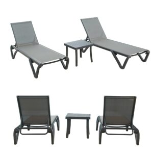 SHPAI Outdoor Chaise Lounge 3 Pieces Aluminum Patio Lounge Chair with 5 Adjustable Position Recliner Chair Outside Tanning Chairs for Patio, Beach, Yard, Pool, Side Table Included (Gray)