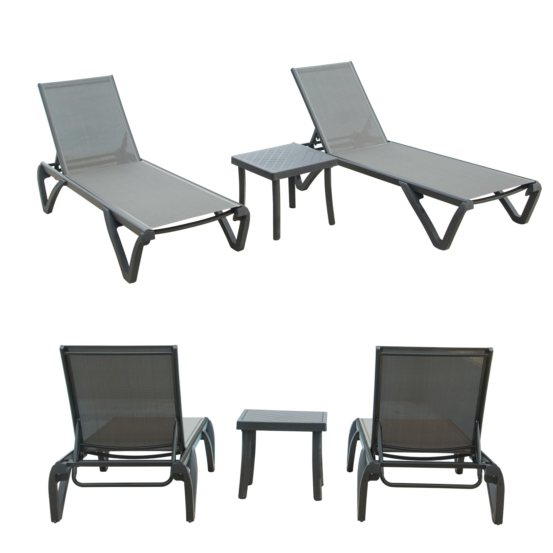 SHPAI Outdoor Chaise Lounge 3 Pieces Aluminum Patio Lounge Chair with 5 Adjustable Position Recliner Chair Outside Tanning Chairs for Patio, Beach, Yard, Pool, Side Table Included (Gray)