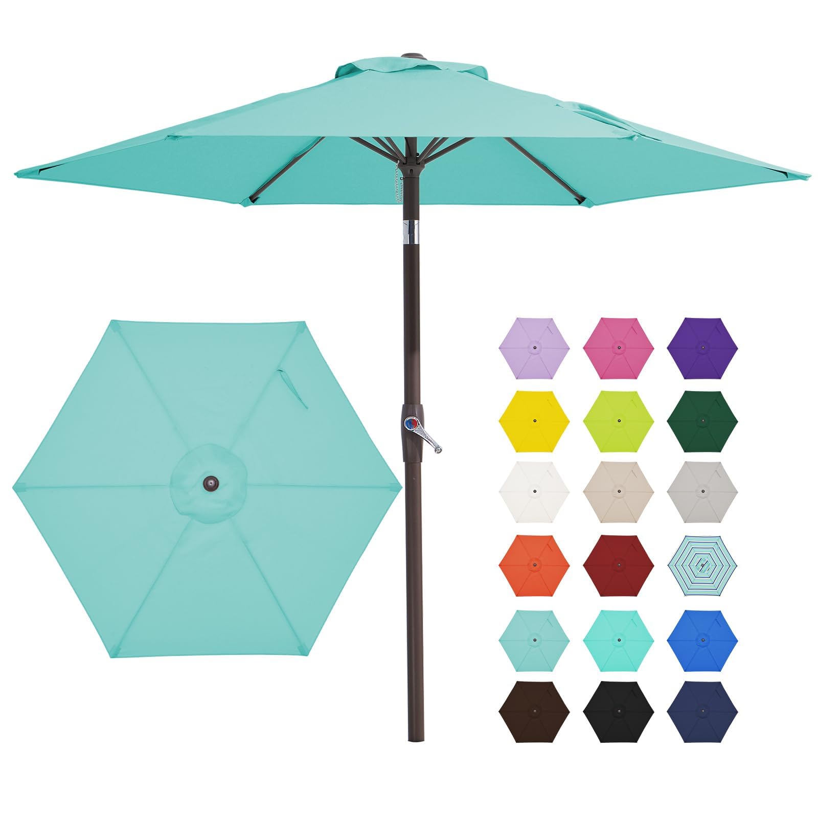 JEAREY 7.5FT Patio Umbrella Market Table Umbrella with 6 Sturdy Ribs, Push Button Tilt/Crank Outdoor Umbrella for Garden, Deck, Backyard, Pool and Beach,Teal Blue