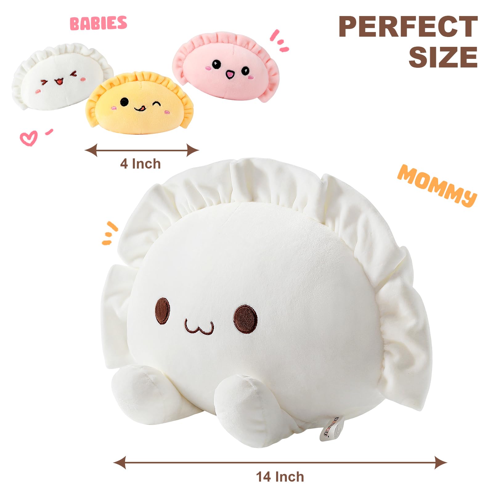 Ditucu Cute Dumpling Plush Pillow Mommy 14 inch with 3 Babies 4 inch Funny Family Food Shaped Stuffed Animals Plushies Toys Gifts for Kids