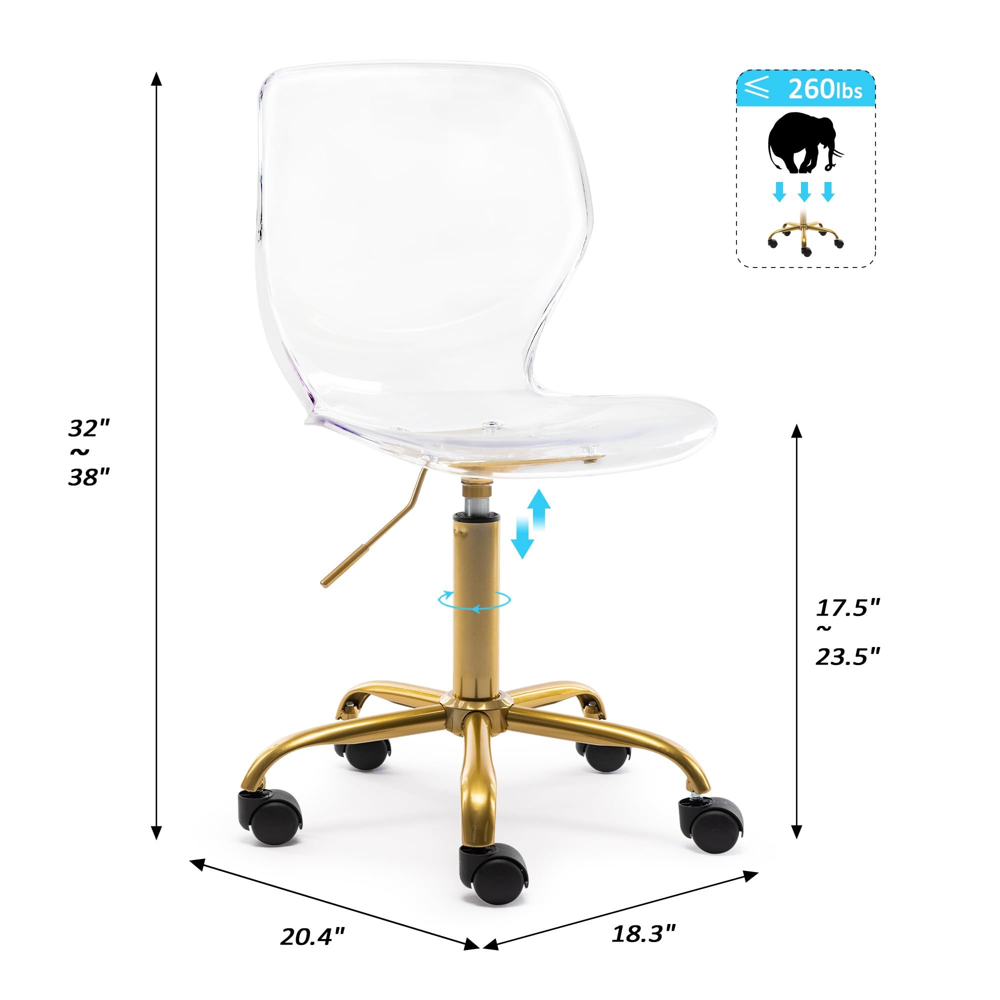 HOMEFUN Clear Chairs Acrylic Desk Chair Rolling Transparen Vanity Chair Armless Swivel Chair Height Adjustable Ghost Chair Molded Plastic Home Office Chair with Wheels, New Clear with Golden Feet