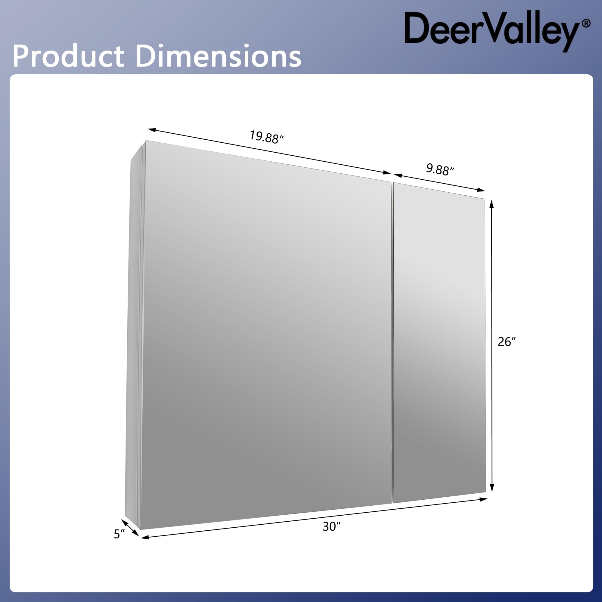 Deer Valley Medicine Cabinet with Mirror, 26 x 30 Inch Double Doors Bathroom Mirror Medicine Cabinet with Adjustable Glass Shelves, Frameless Surface Mount Wall Cabinet, Beveled Edge