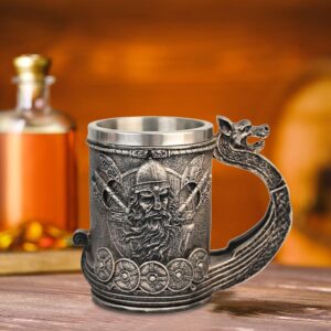 ZENFUN Noric Viking Ship Dragon Beer Mug, 18/8Stainless Steel Drinking Tankard, 17 OZ Wine Coffee Cup, Norse Mythology Poetic Decor Beer Mug, Great Gift for Men