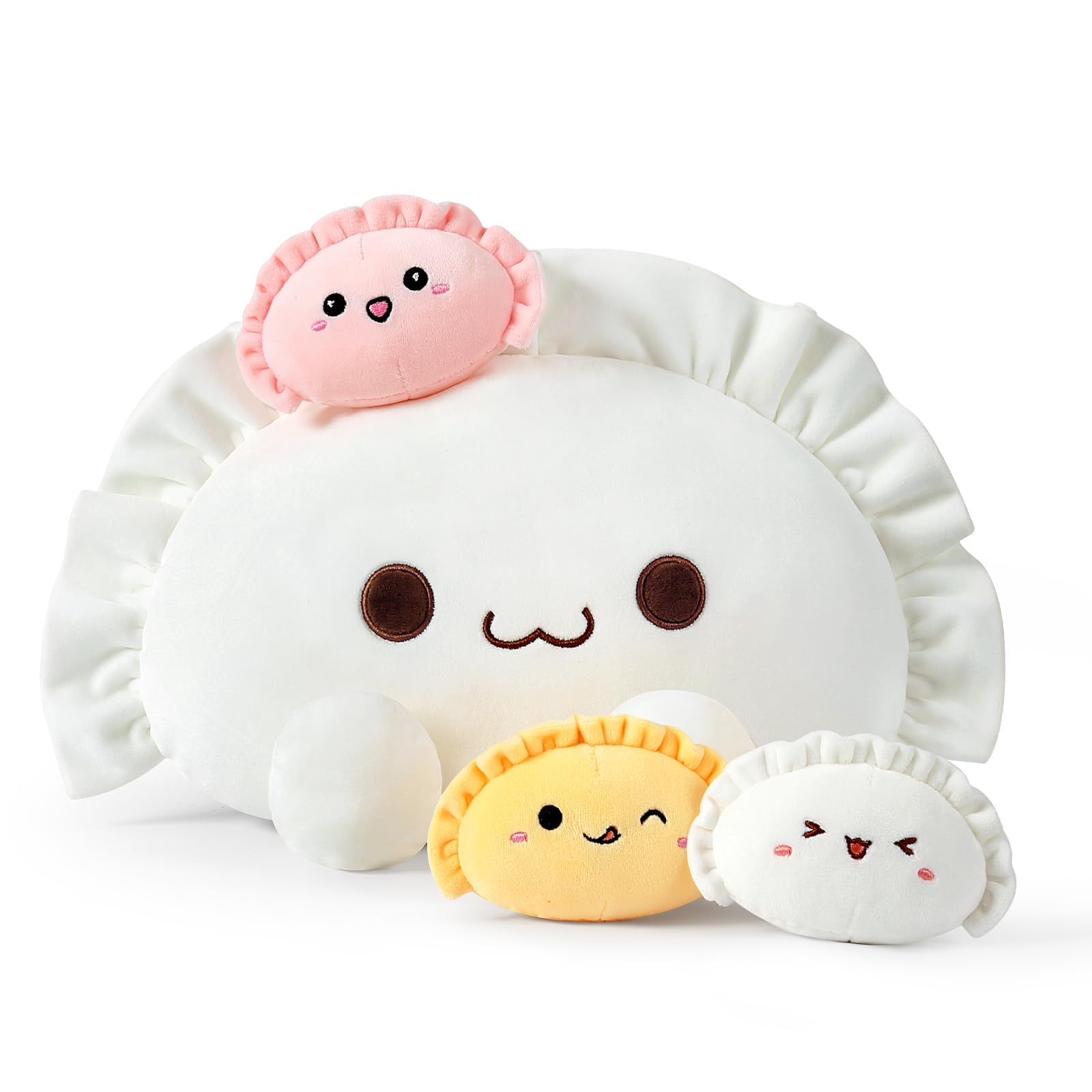 Ditucu Cute Dumpling Plush Pillow Mommy 14 inch with 3 Babies 4 inch Funny Family Food Shaped Stuffed Animals Plushies Toys Gifts for Kids