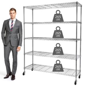 metal storage shelves with wheels, nsf shelving unit 60 x 18 x 72, 1325 lbs capacity, 5 tier heavy duty wire shelving rack, commercial metal shelves for storage, garage, pantry, kitchen, chrome