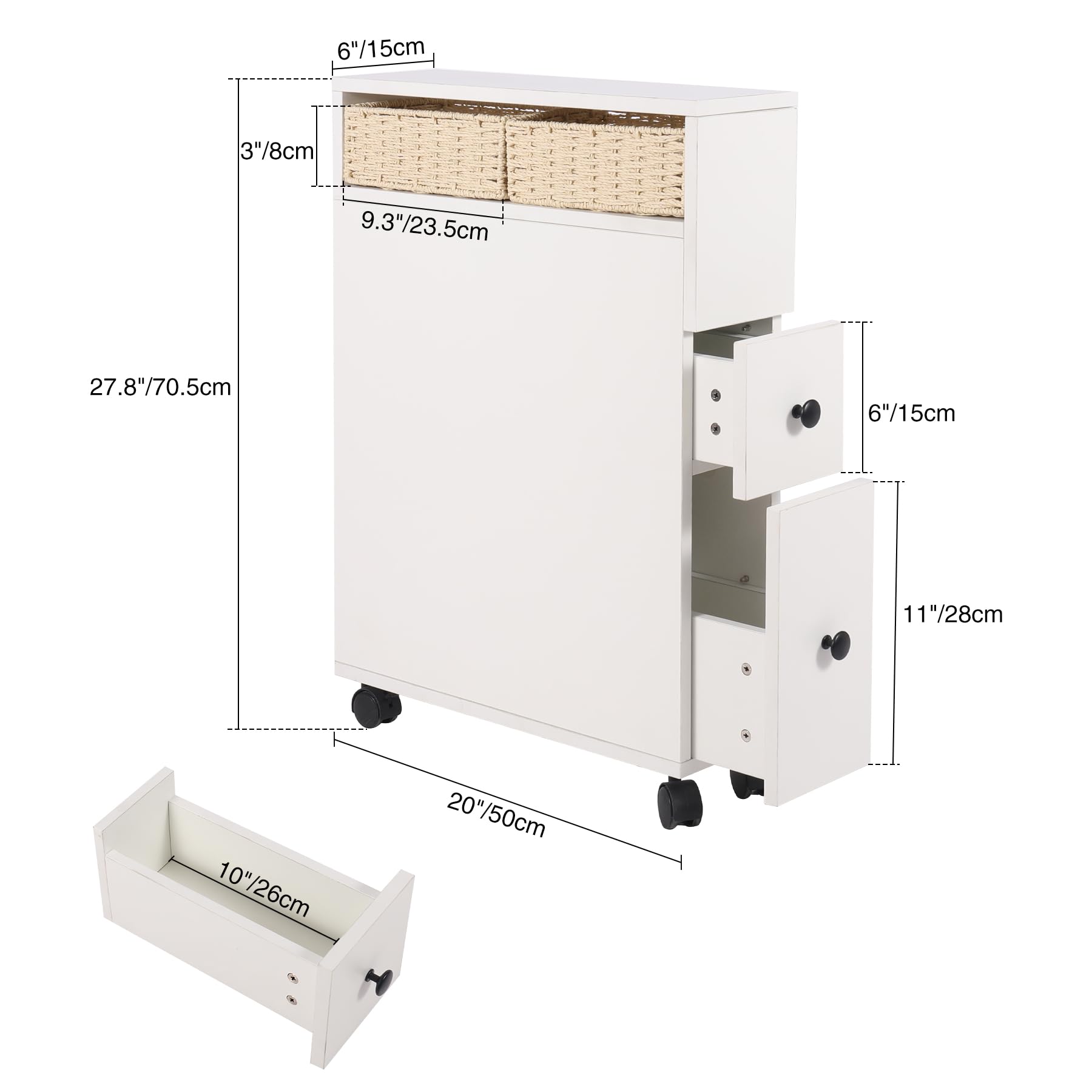 ALBOMI Slim Bathroom Storage Cabinet, Movable Narrow Toilet Paper Holder with Wheels and Drawers, Free Standing Small Bathroom Organizer for Small Spaces, 6" W x 20" D x 27.8" H, White