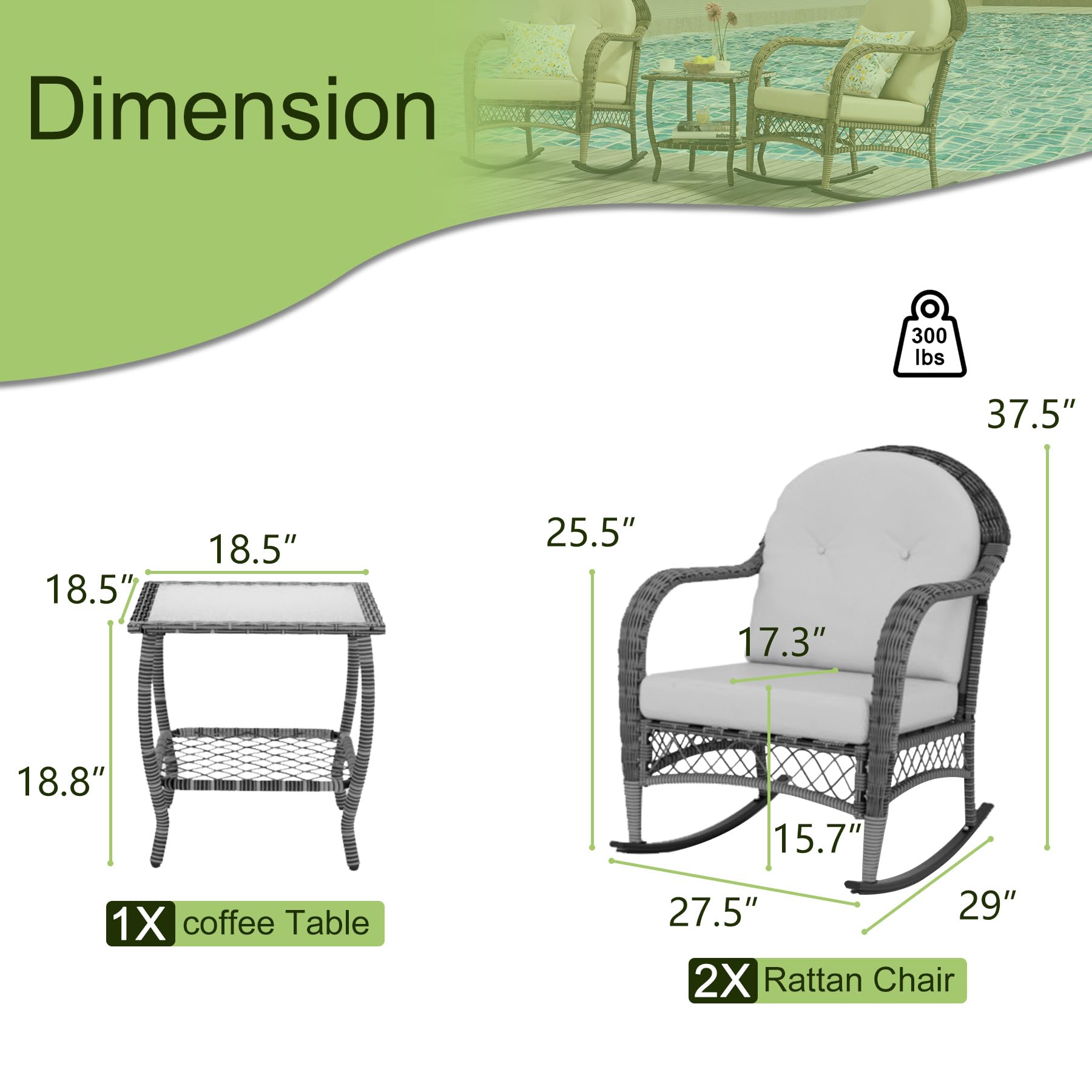 BALDPER 3 Pieces Patio Conversation Set, Lounge Rocking Chair with Cushion & Coffee Table, Wicker Bistro Set, Outdoor Furniture Set for Porch, Deck, Backyard, or Poolside, Beige