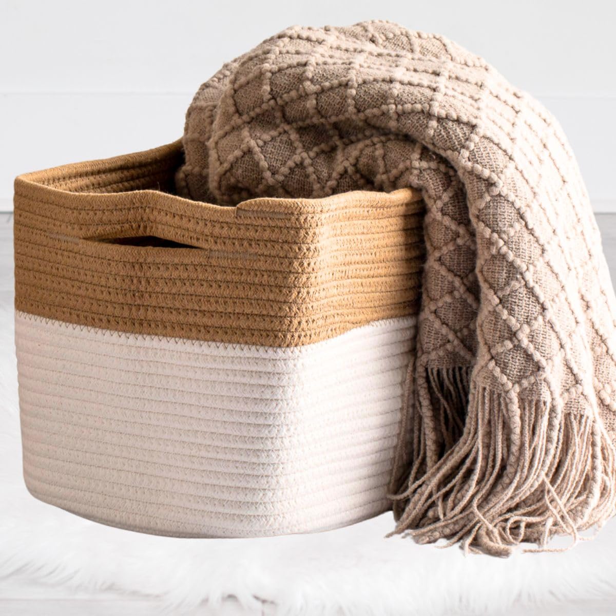 PJGOODS- 3-Pack Cotton Woven Storage Basket with Handles, Great for Organizing Laundry, Blankets, Dog Toys, Baby Toys, Perfect for the Kitchen, Bathroom, Bedroom, Living Room,15x10x9, Beige/White