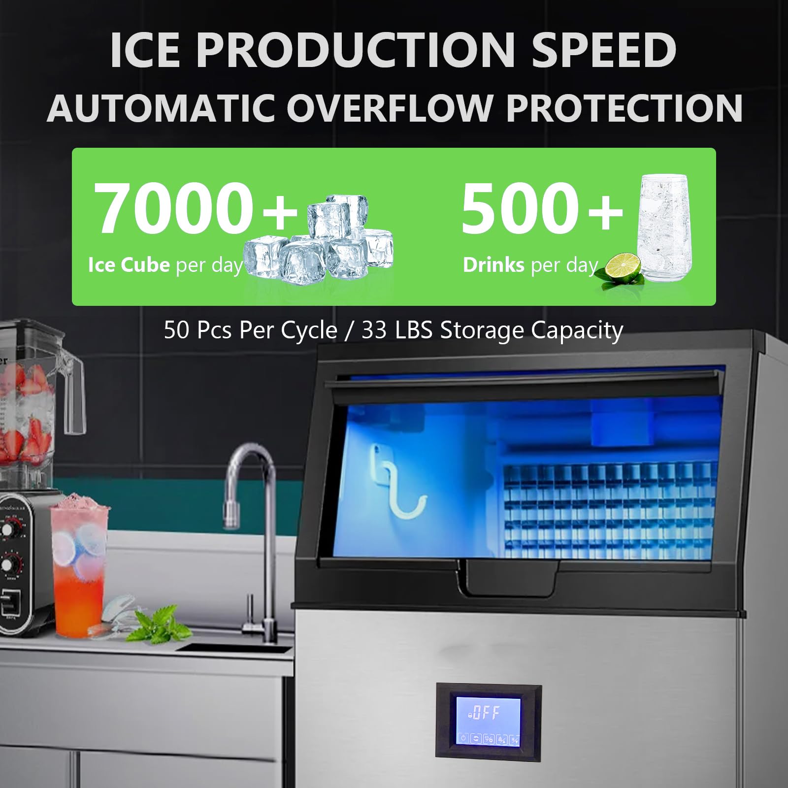 Towallmark Commercial Ice Maker Machine, 100Lbs/24H Ice Maker with 2 Water Inlet Modes, 50Pcs/Cycle, 33lbs Storage Bin, Stainless Steel Under Counter Ice Machine for Home Bar, Coffee Shop, Business