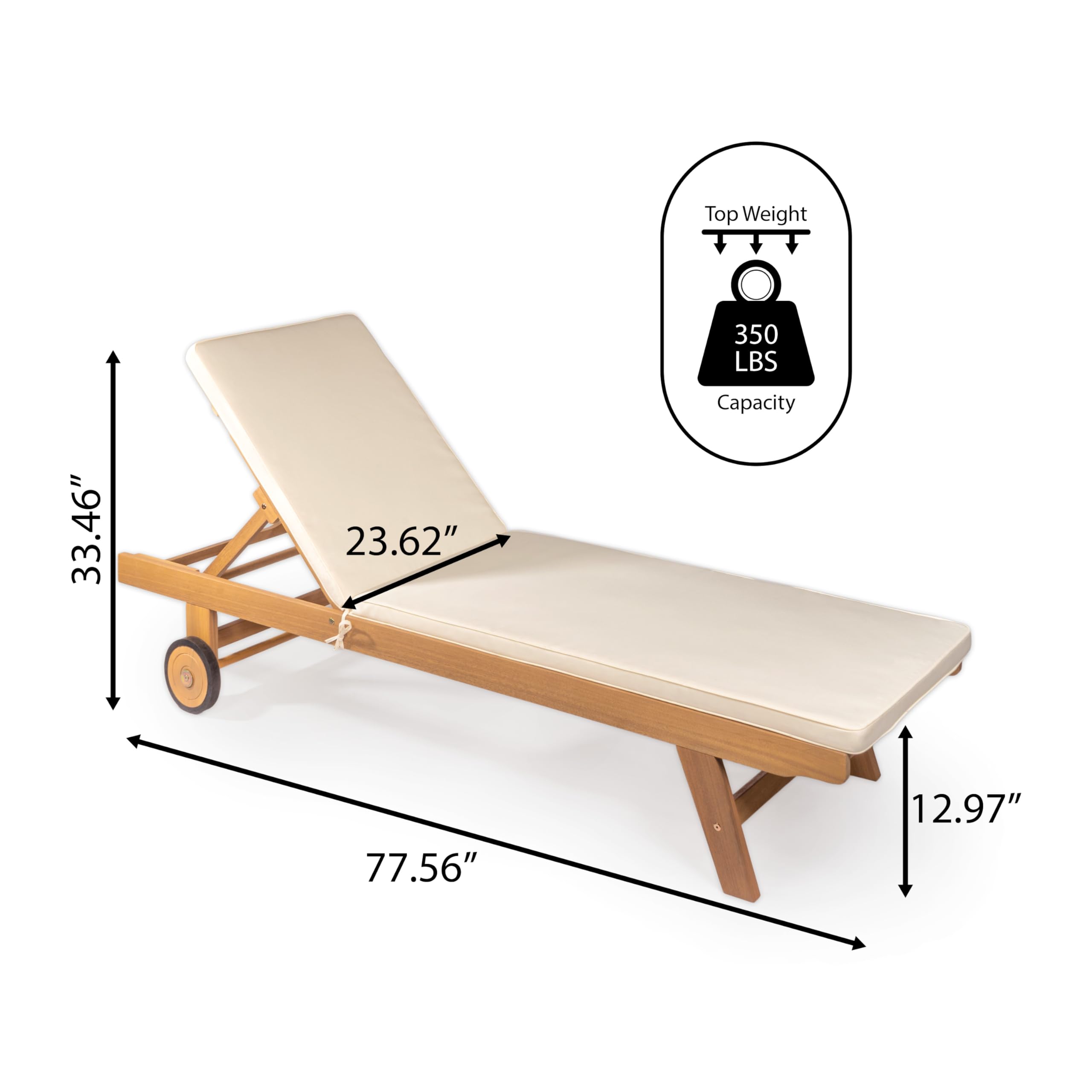 JONATHAN Y LNG1000A Mallorca 77.56"x23.62" Modern Classic Adjustable Acacia Wood Chaise Outdoor Lounge Chair with Cushion & Wheels Coastal, Bohemian, Minimalist, Traditional, White/Natural