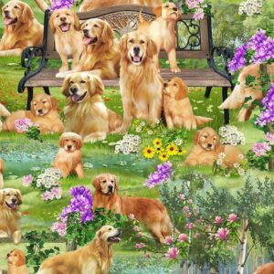 generic golden retriever park, dogs and flowers in park cotton fabric, size for yard 36 x 44 inches timeless treasures cd2944, green