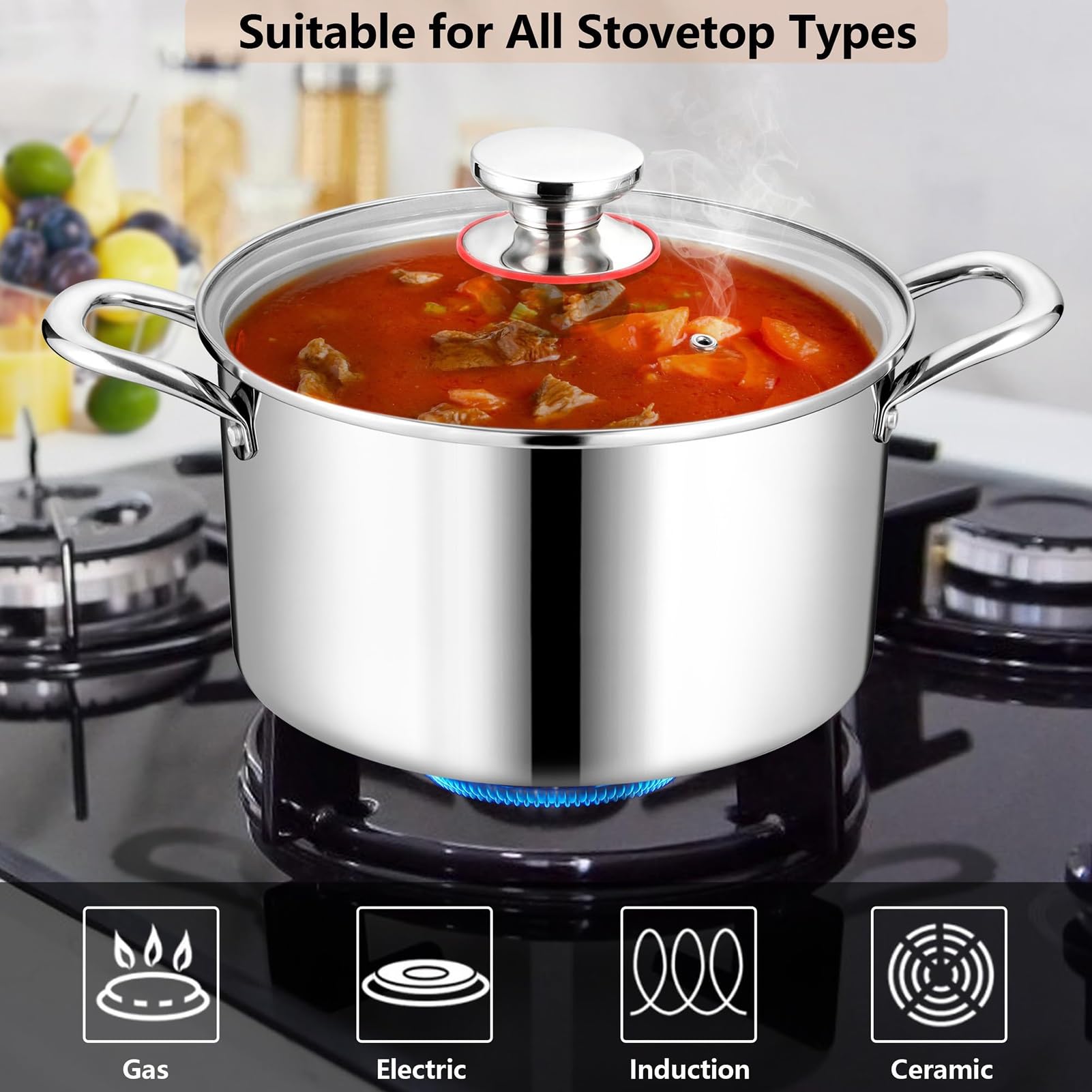 THEGA Stainless Steel Stock Pot - Large Stock Pot With Lid, Round Stock Pot With Soft-Touch Handles, Tri-ply Pasta/Chicken/Soup Pot, Stockpot For Steaming And Stewing, Dishwasher Safe, 8QT