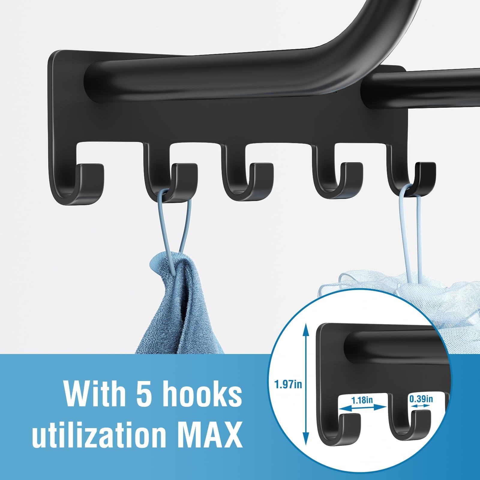 Towel Rack Bathroom Wall Holder: Black Shower Organizer Wall Mounted for Rolled Towel Storage 15.9 in