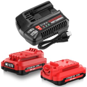 2 packs 20v 3.0ah v20 lithium ion replacement battery and cmcb104 charger compatible with craftsman 20 volt battery max cmcb205 cmcb204 cmcb206 cmcb202 cmcb201 20 volt cordless power tools (red)