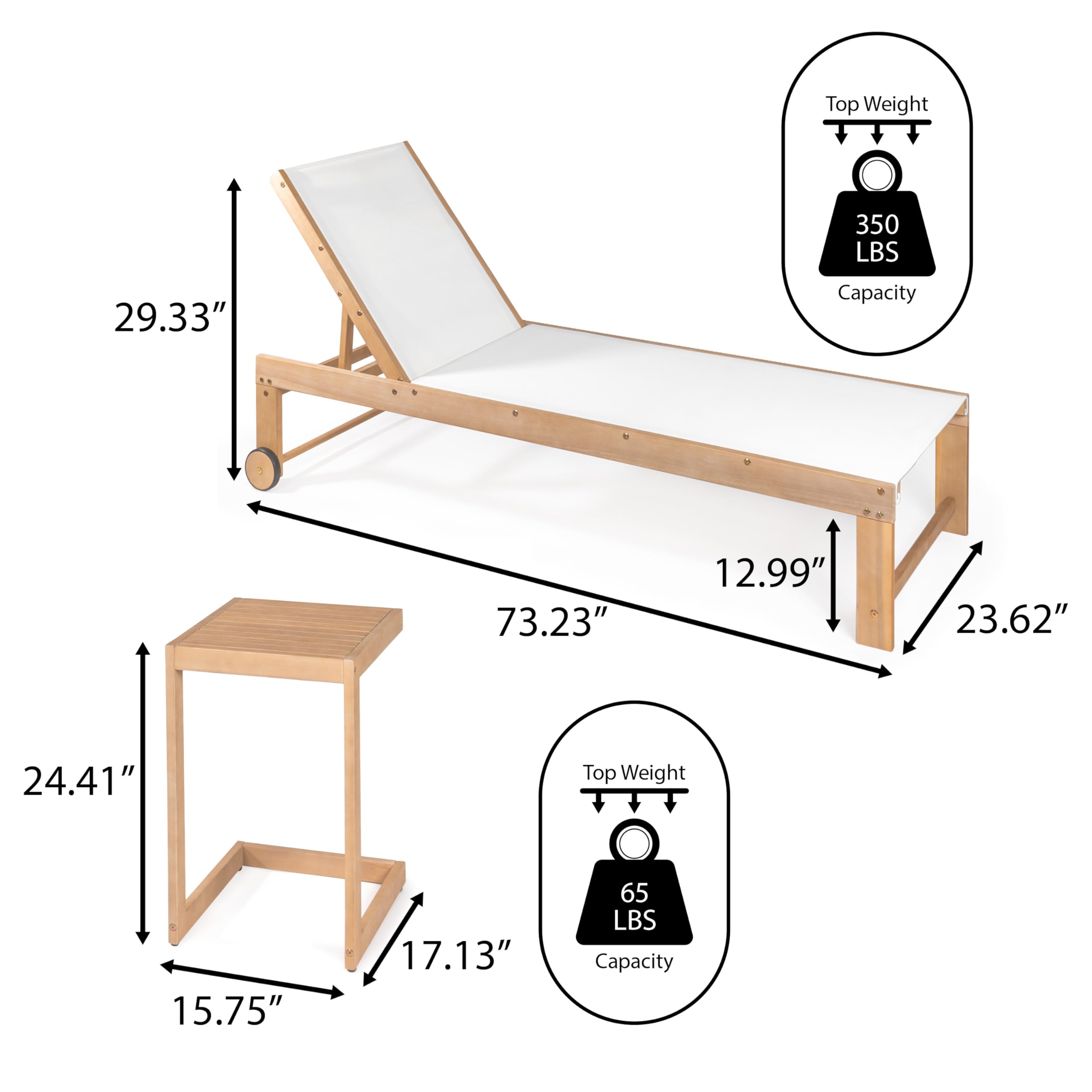 JONATHAN Y LNG1100C-2SET Trabuco Coastal Modern Acacia Wood Mesh 3-Position Outdoor Chaise Lounge Set with Side Table Transitional, Classic, Minimalist, Traditional, Contemporary, White/Light Teak