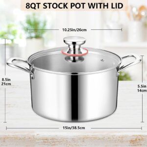 THEGA Stainless Steel Stock Pot - Large Stock Pot With Lid, Round Stock Pot With Soft-Touch Handles, Tri-ply Pasta/Chicken/Soup Pot, Stockpot For Steaming And Stewing, Dishwasher Safe, 8QT