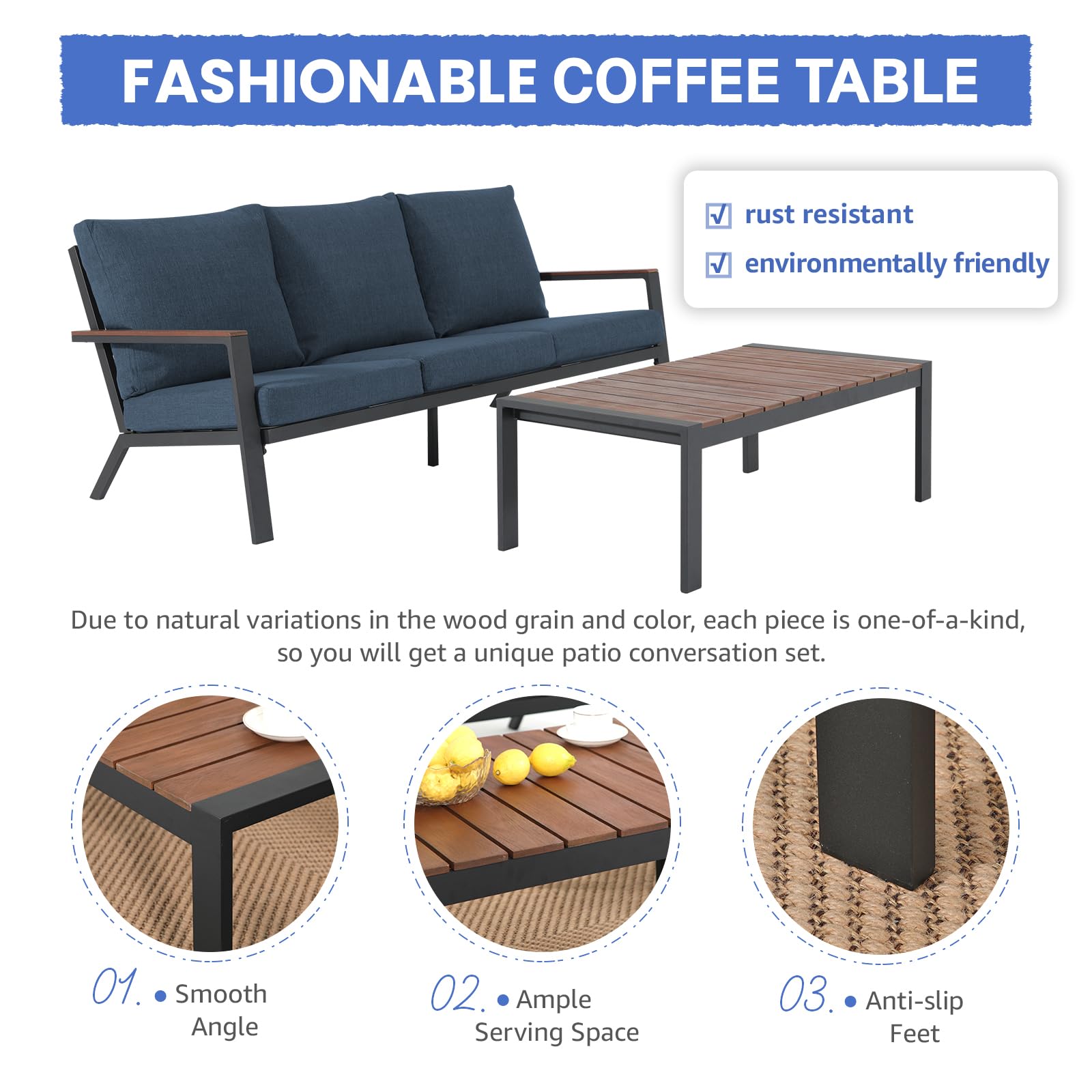 Soleil Jardin Aluminum Patio Furniture Set with FSC Certified Solid Wood Top Armrest & Coffee Table, Outdoor Deep Seating Sectional Sofa, 5 Piece Conversation Sets w/Removable Cushion, Denim Blue