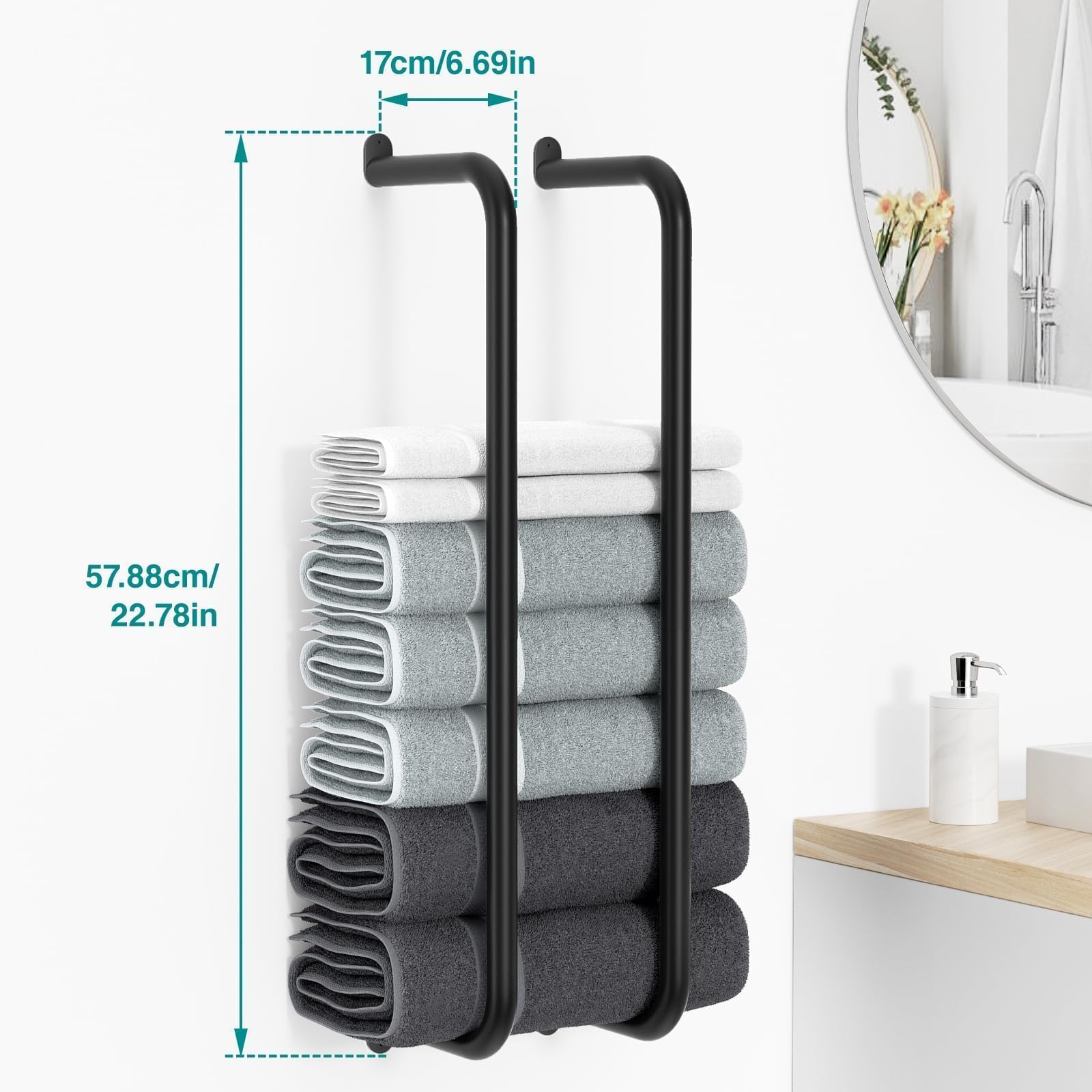 Josmimic Towel Rack for Rolled Towels: Towel Holder Wall Mounted Can Holds 5 Large Towels - Matted Stainless Steel for Bathroom - Black 22.78 Inch