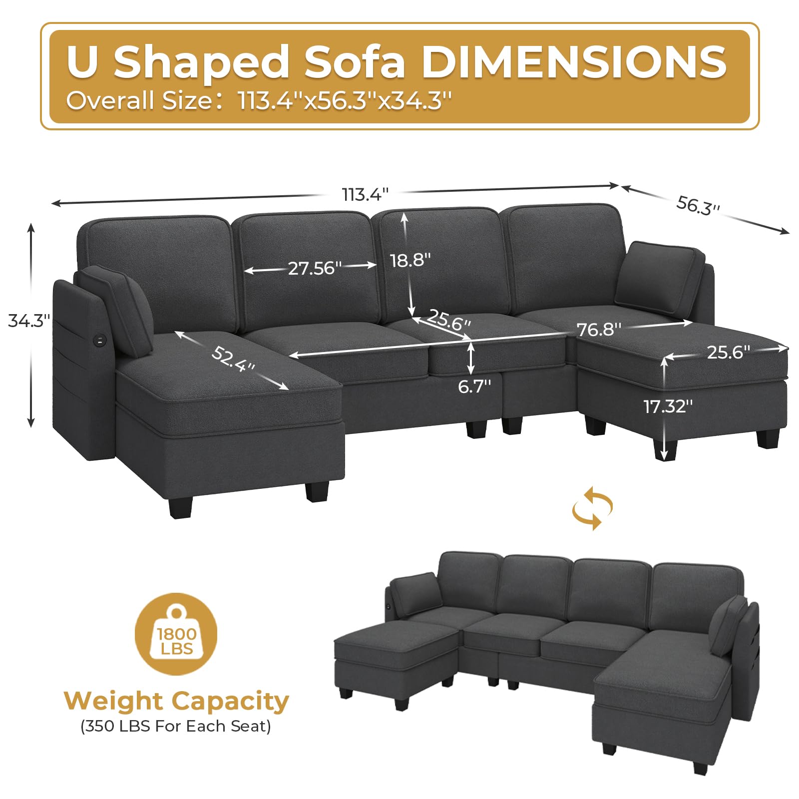 Brinlawb 113'' Sectional Couches with Storage Seats and USB Ports U Shaped Convertible Sofa Couch with Reversible Chaise Chenille Modular Sectional Sofa Couches with Ottomans for Living Room,Grey