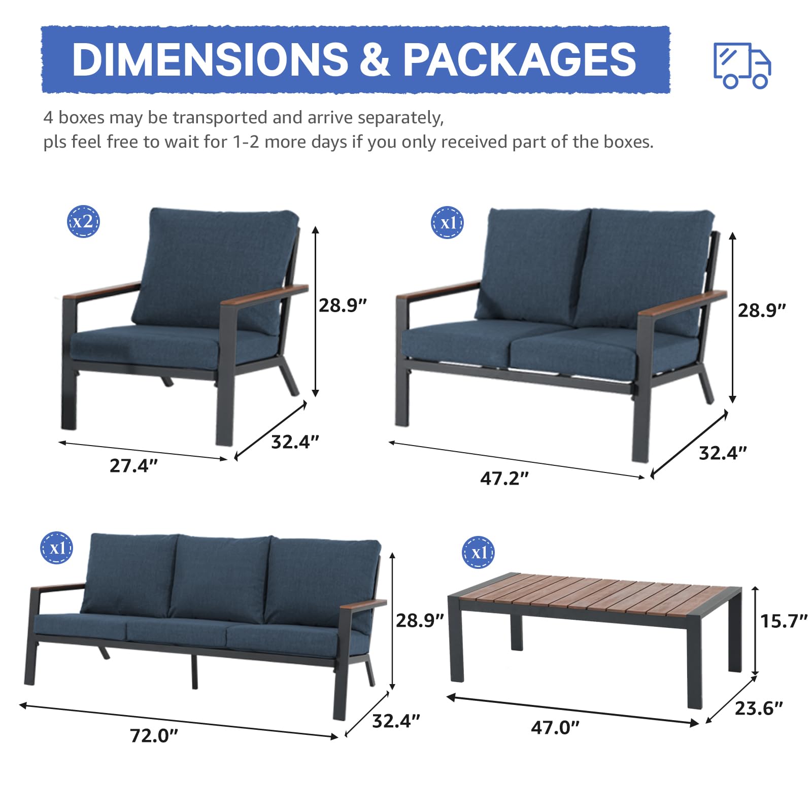 Soleil Jardin Aluminum Patio Furniture Set with FSC Certified Solid Wood Top Armrest & Coffee Table, Outdoor Deep Seating Sectional Sofa, 5 Piece Conversation Sets w/Removable Cushion, Denim Blue