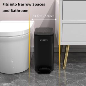 KSSKSS Small Bathroom Trash Can with Soft Close Lid, 6L / 1.6 Gallon Stainless Steel Garbage Can with Removable Inner Bucket, Step Pedal, Slim Wastebasket for Bedroom, Home Office (Matt Black)