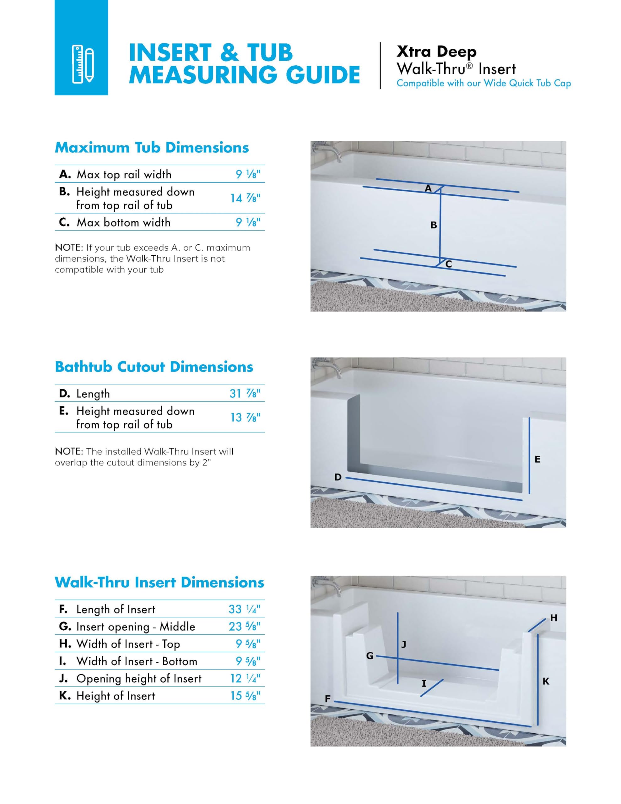 Quick Tub Walk-Thru Insert Accessibility Kit - Bath to Shower Conversion (Narrow), White