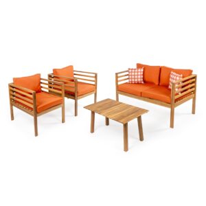 jonathan y lvg1200c-4set thom 4-piece mid-century modern acacia wood outdoor patio set with cushions and plaid decorative pillows classic, industrial, scandinavian, bohemian, orange/teak brown