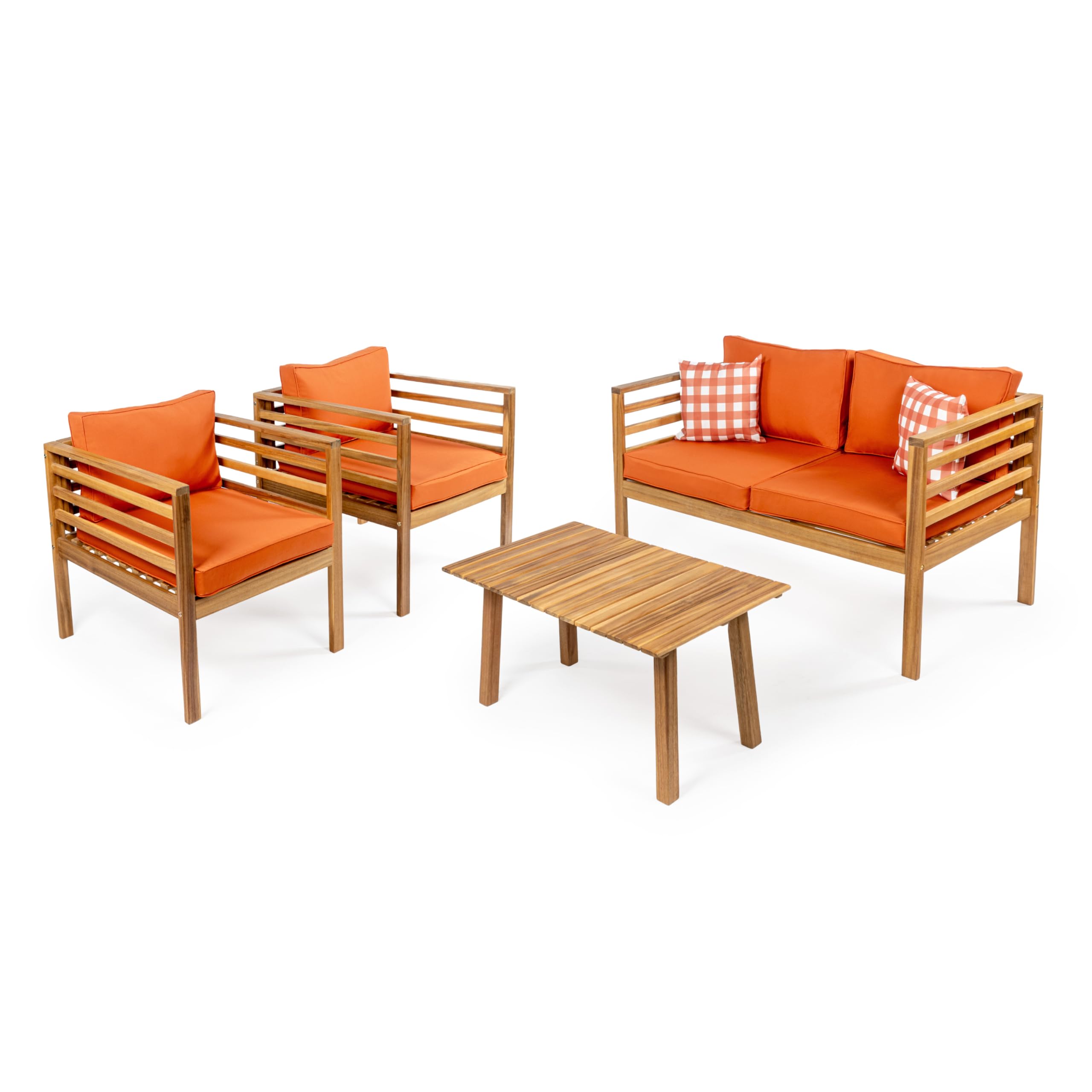 JONATHAN Y LVG1200C-4SET Thom 4-Piece Mid-Century Modern Acacia Wood Outdoor Patio Set with Cushions and Plaid Decorative Pillows Classic, Industrial, Scandinavian, Bohemian, Orange/Teak Brown