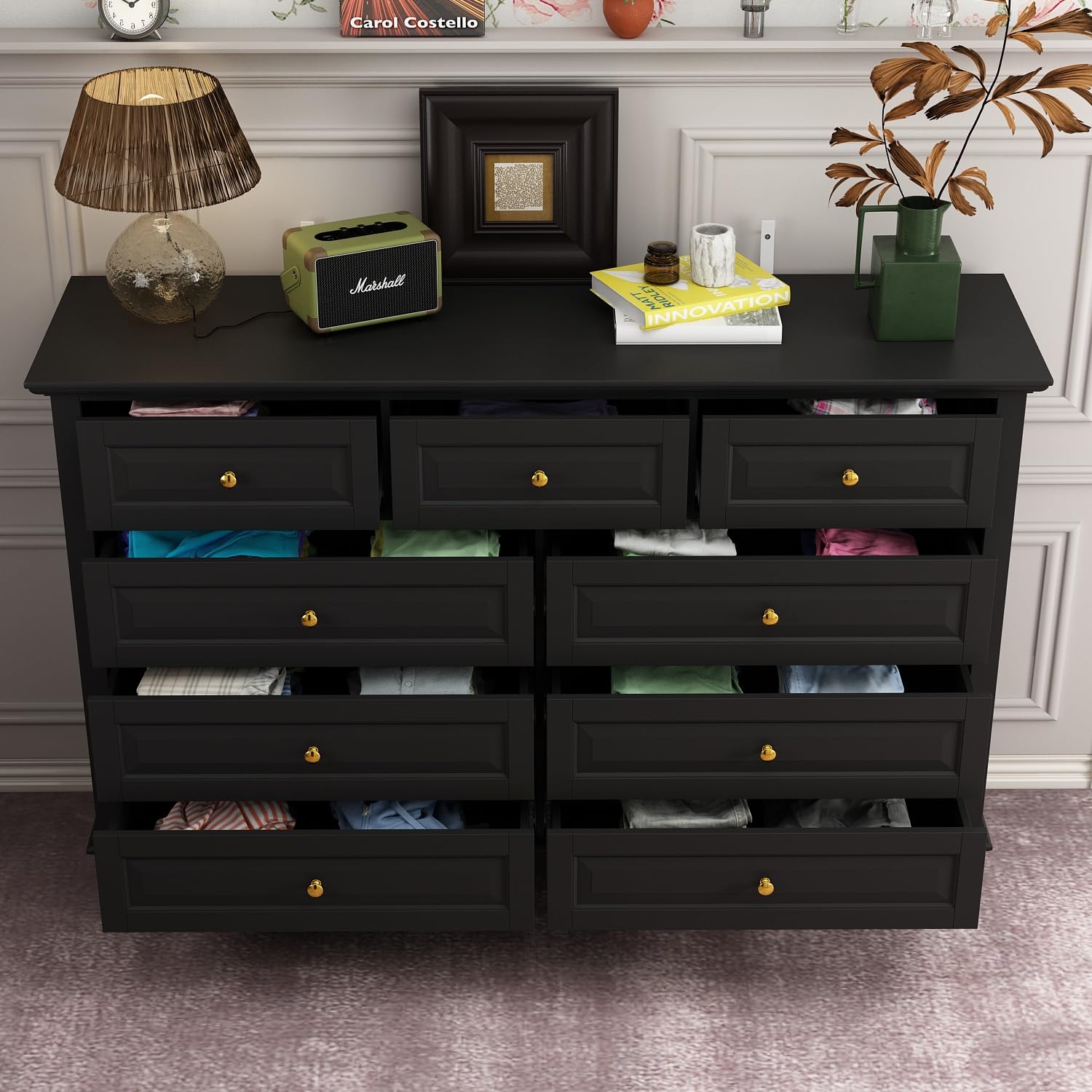 ECACAD Tall 9 Drawer Double Dresser with Carved Drawer Fronts & Solid Legs, 55.1" L Black Modern Wood Storage Chest of Drawers for Bedroom, Living Room & Fitting Room