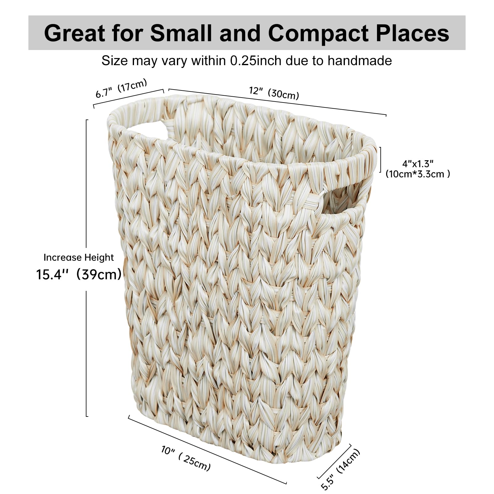 Coeusy Wicker Trash Can,Bathroom Trash Can,Waterproof Wicker Waste Basket for Bathroom,Narrow Small Waste Basket for Bedroom,Office, Cream White 5 Gallon