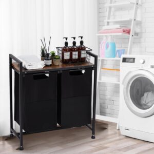 Laundry Hamper with Shelf, Laundry Basket 2 Section, Laundry Sorter, Cloest Storage and Organization, Clothes hamper with Table, for Bathroom, Bedroom, Restroom, Black