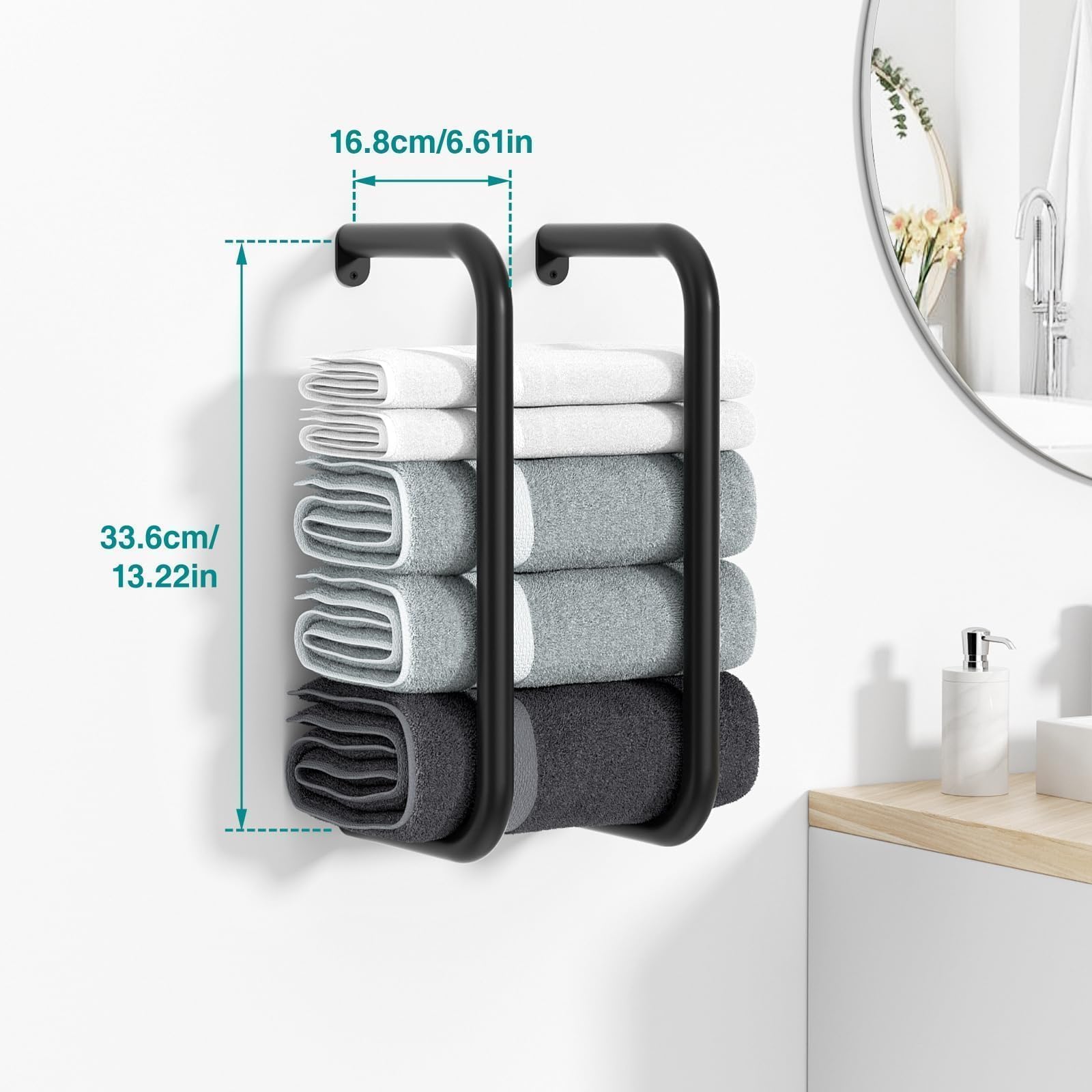 Josmimic Towel Rack for Rolled Towels: Towel Holder Wall Mounted - Matted Stainless Steel Design for Bathroom - Black 13.2 Inch