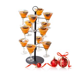 cocktail tree stand, metal drink tower, 3 tier - 12 holders for champagne, martini, margarita cups (black)