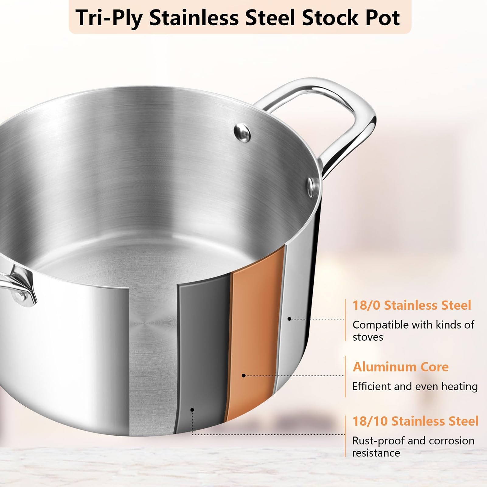 THEGA Stainless Steel Stock Pot - Large Stock Pot With Lid, Round Stock Pot With Soft-Touch Handles, Tri-ply Pasta/Chicken/Soup Pot, Stockpot For Steaming And Stewing, Dishwasher Safe, 8QT