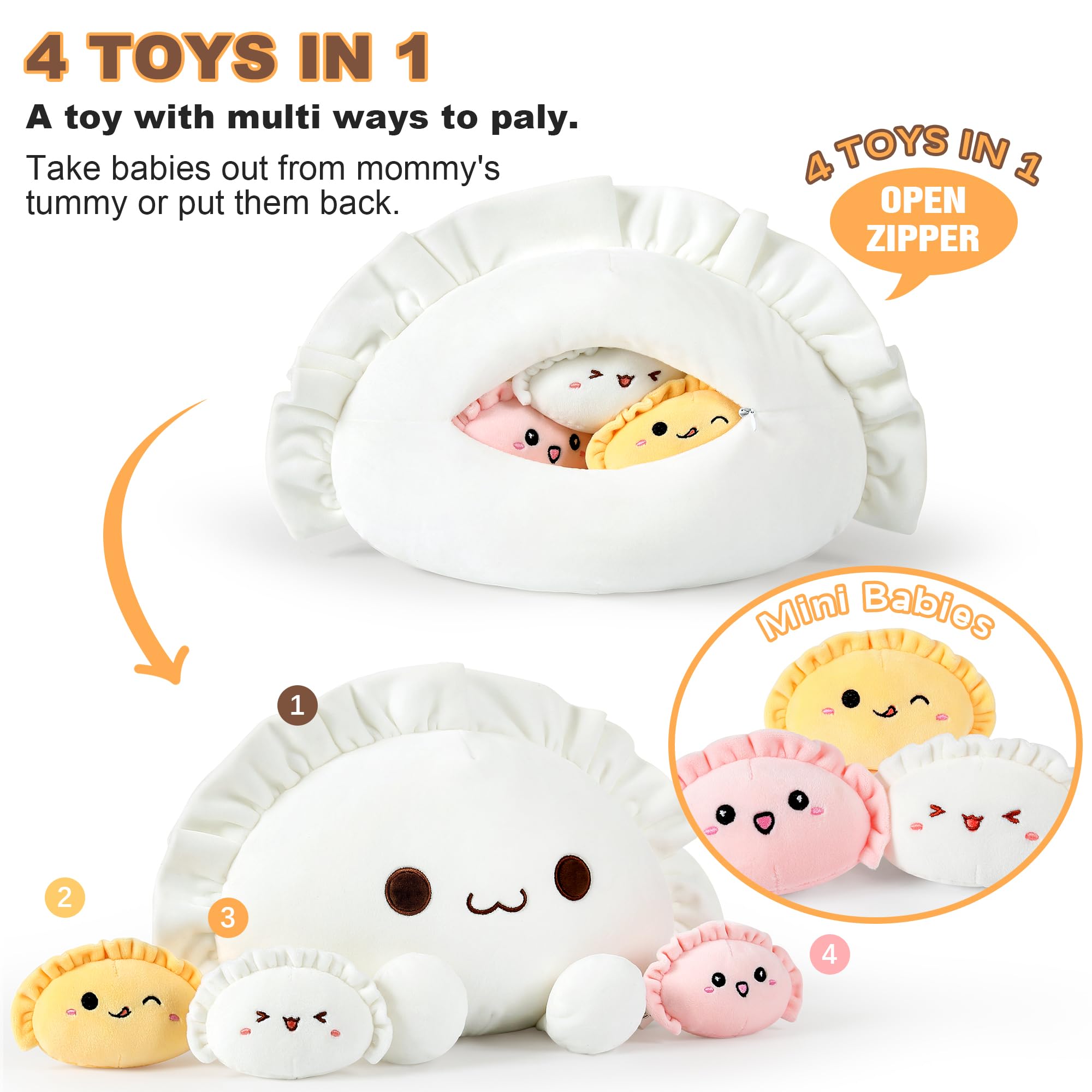 Ditucu Cute Dumpling Plush Pillow Mommy 14 inch with 3 Babies 4 inch Funny Family Food Shaped Stuffed Animals Plushies Toys Gifts for Kids