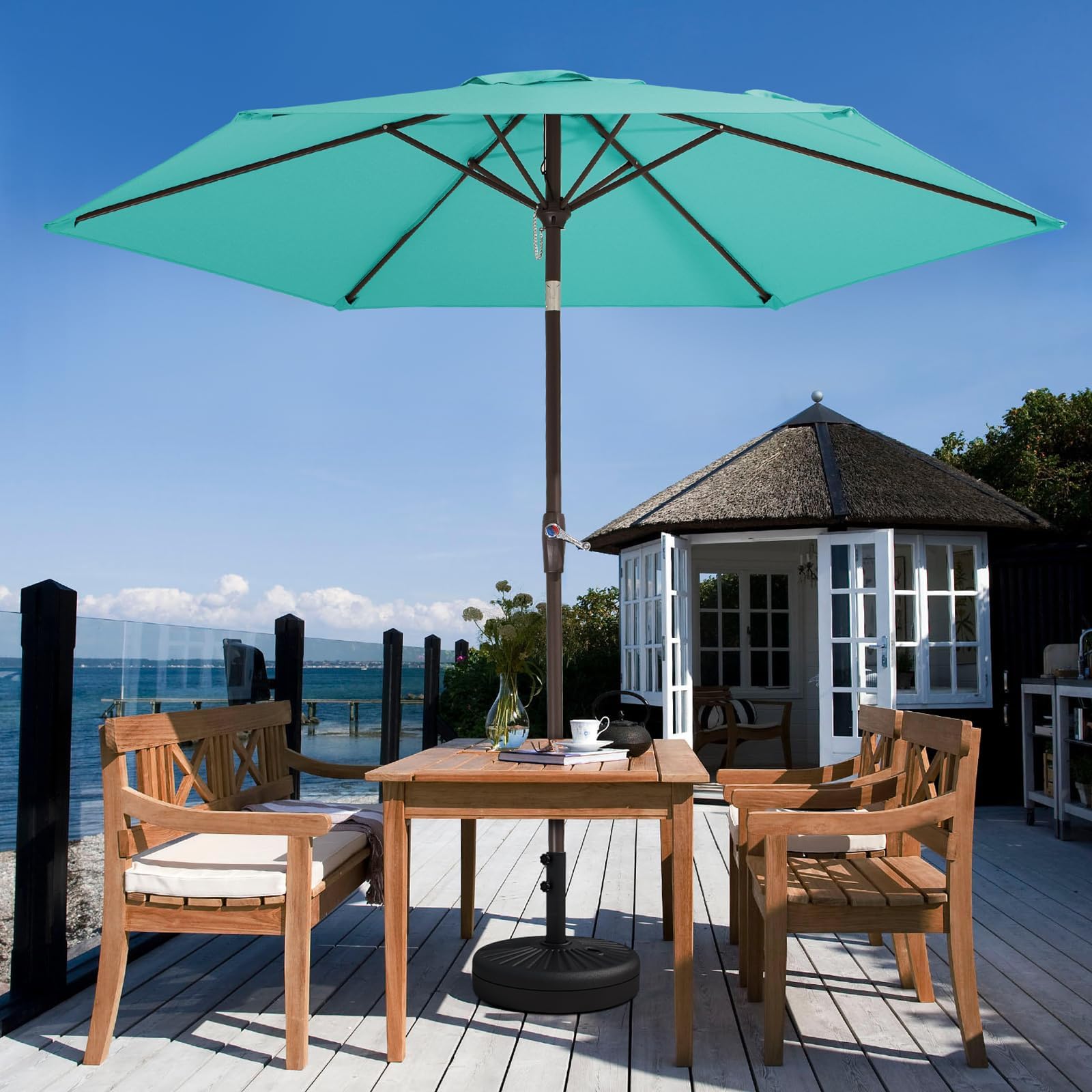 JEAREY 7.5FT Patio Umbrella Market Table Umbrella with 6 Sturdy Ribs, Push Button Tilt/Crank Outdoor Umbrella for Garden, Deck, Backyard, Pool and Beach,Teal Blue