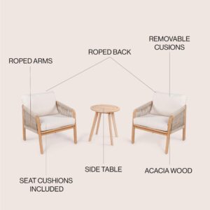 JONATHAN Y LVG1203A-3SET Aveiro 3-Piece Modern Bohemian Roped Acacia Wood Conversation Outdoor Patio Set with Cushions Coastal, Contemporary, Transitional, Rustic, Cottage, Beige/Light Teak