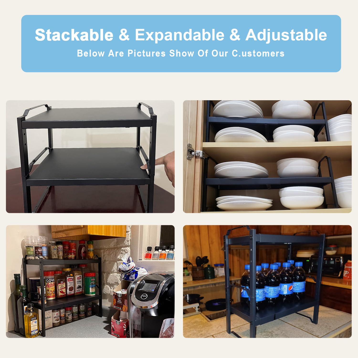 2 Pack Expandable Cabinet Countertop Shelves, Stackable Shelves Organizers For Kitchen Cabinet Countertop Storage, Adjustable Counter Cupboard Pantry Organizer Shelf Rack Stand, Length:20.5"